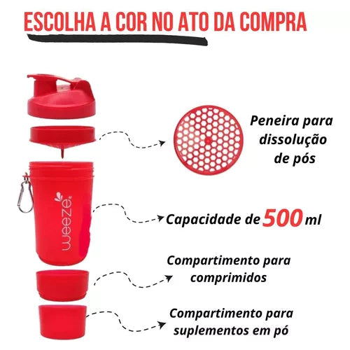 Coqueteleira Shakeira com Compartimento Suplementos Fit Whey 500ml